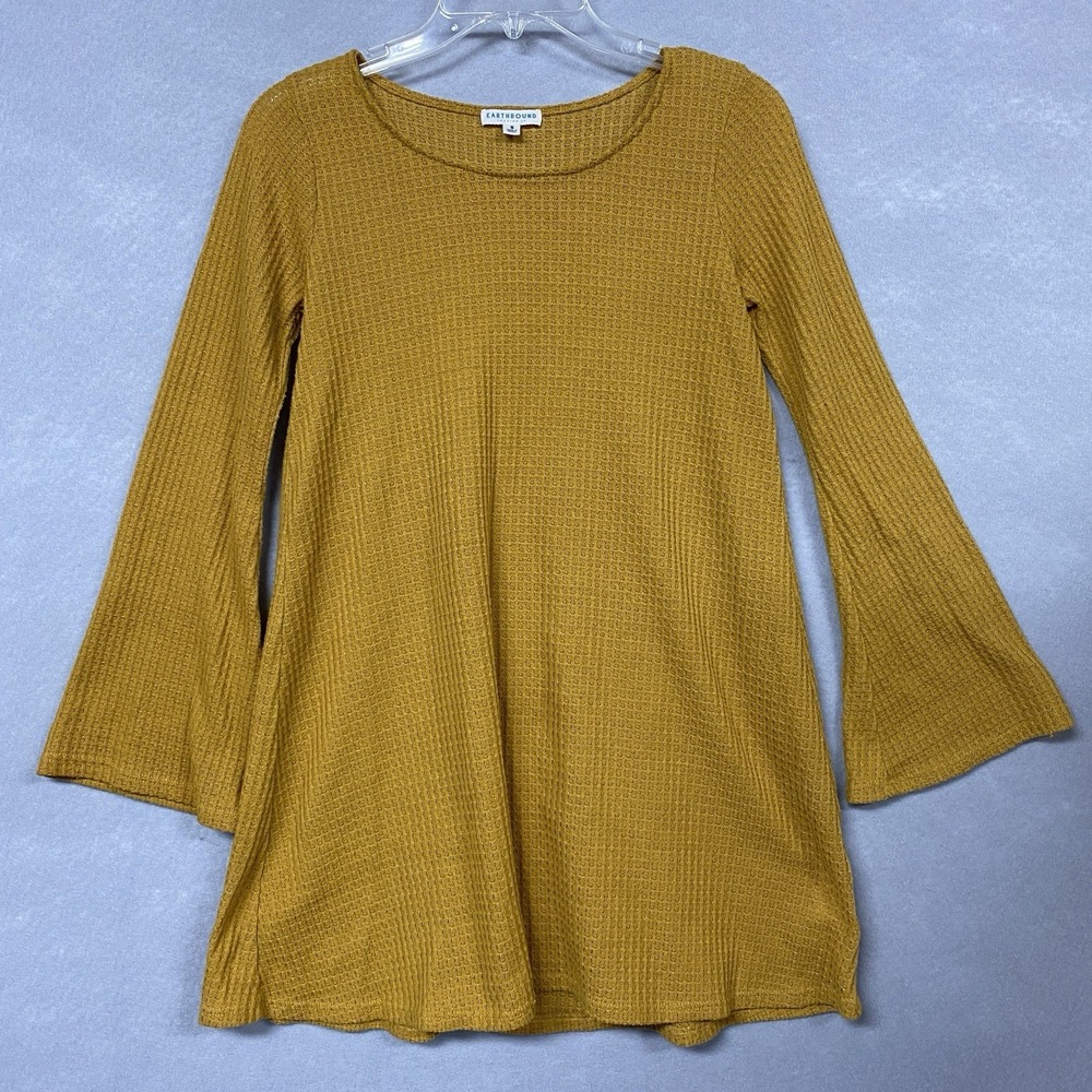 Earthbound Trading Co Women S Tunic Shirt Yellow Waffle Knit Flare Sleeve Boho